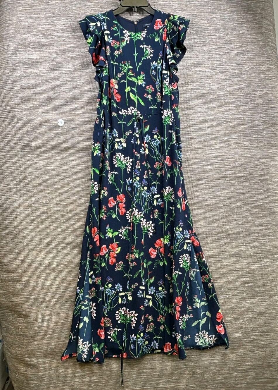 Tommy Hilfiger Navy Blue Garden Floral Ruffle Sleeve Maxi Dress Womens Size 2